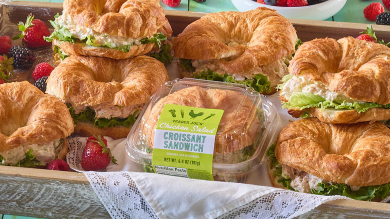 A spread of Trader Joe's chicken salad croissant sandwiches