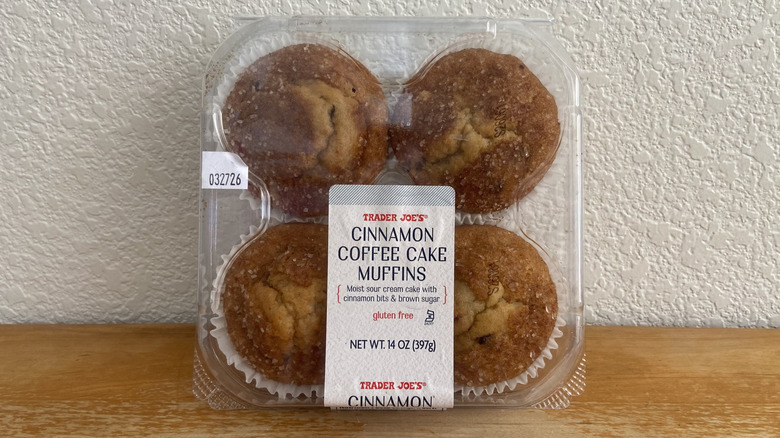 Plastic package of Trader Joe's Cinnamon Coffee Cake Muffins on table