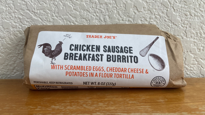Trader Joe's Chicken Sausage Breakfast Burrito wrapped in paper on table