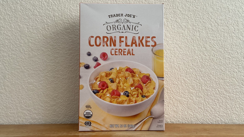 Box of Trader Joe's Organic Corn Flakes box on table