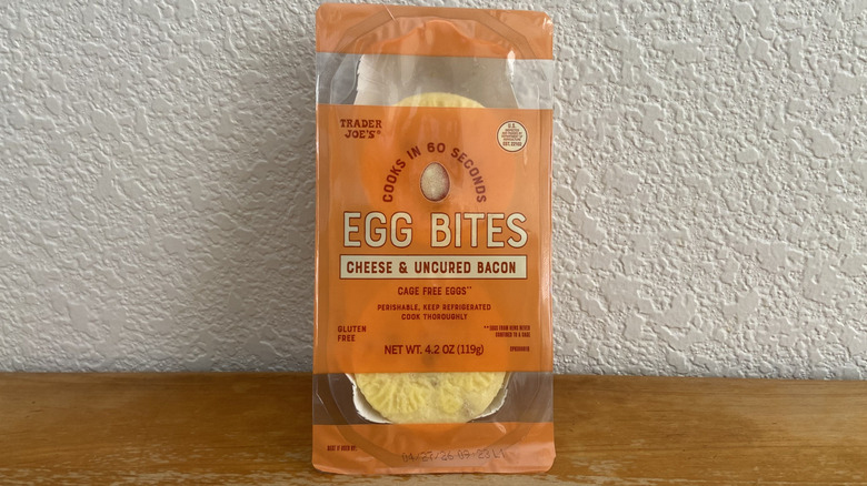 Trader Joe's Cheese & Uncured Bacon Egg Bites package on table
