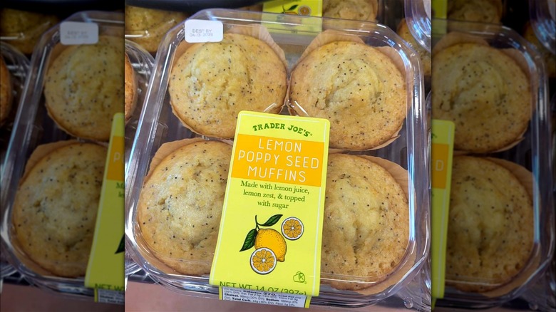 A sealed pack of Trader Joe's lemon poppy seed muffins.