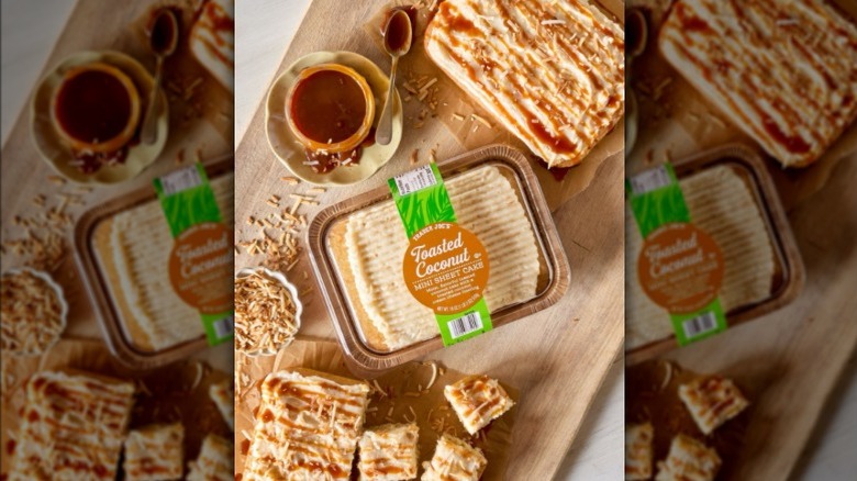 Trader Joe's toasted coconut mini sheet cake on wooden board