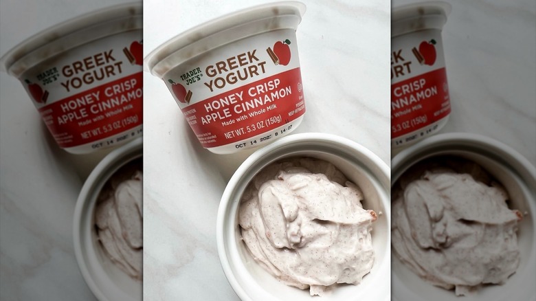 Tubs of Trader Joe's Honey Crisp apple cinnamon Greek yogurt