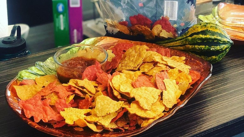 Trader Joe's Fall Leaf Corn Tortilla Chips served with salsa