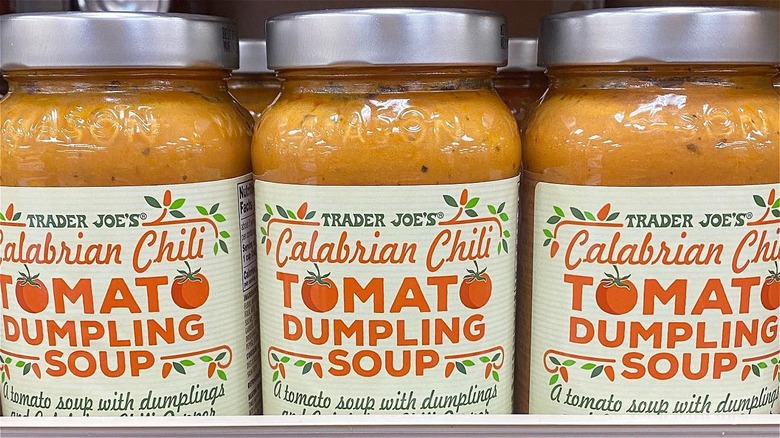 three jars of Trader Joe's Calabrian Chili Tomato Dumpling Soup