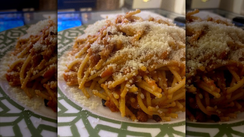 A plate of Amatriciana made with TJ's Bucatini pasta