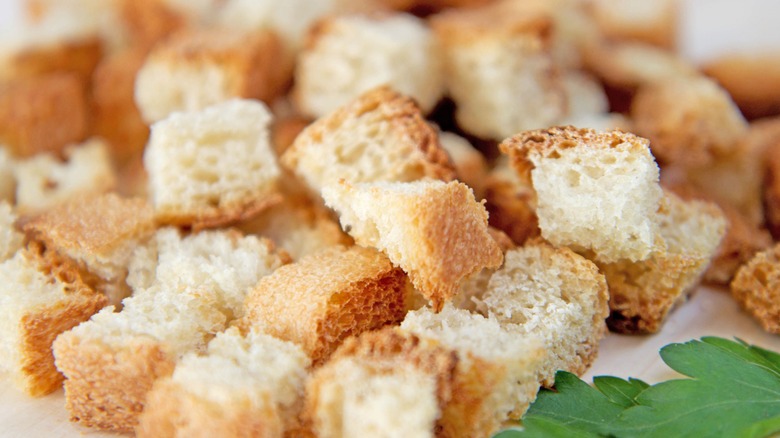 Croutons with a green leaf