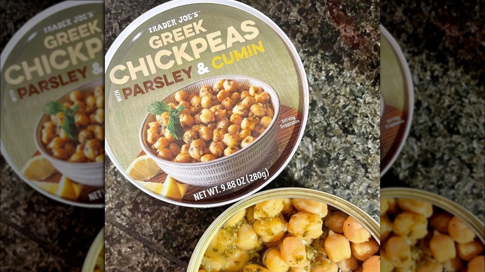 Open can of Trader Joe's Greek chickpeas