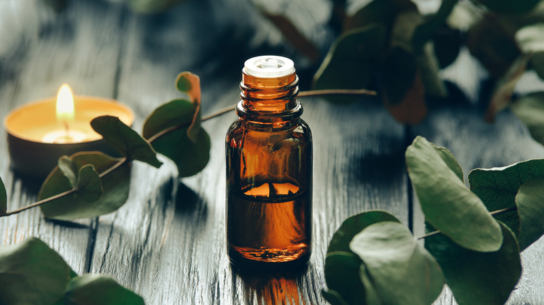 Bottled essential oil with leaves and candle