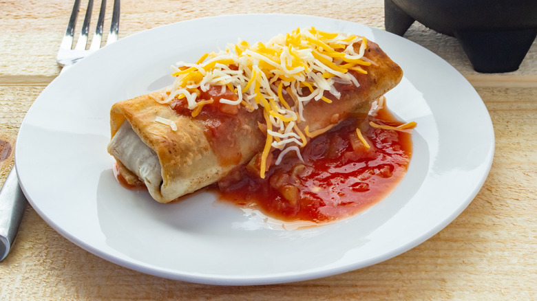 Plated burrito topped with salsa and cheese.