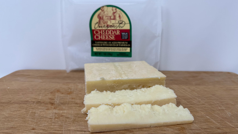 Trader Joe's package and pieces of Unexpected Cheddar Cheese