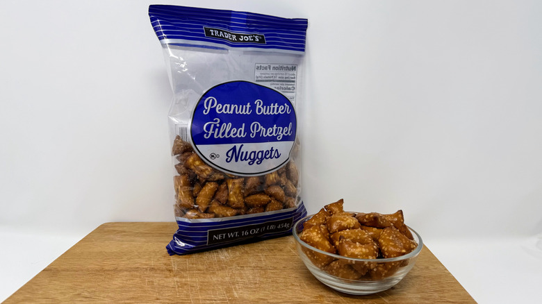 Trader Joe's Peanut Butter Filled Pretzel package with some in a bowl