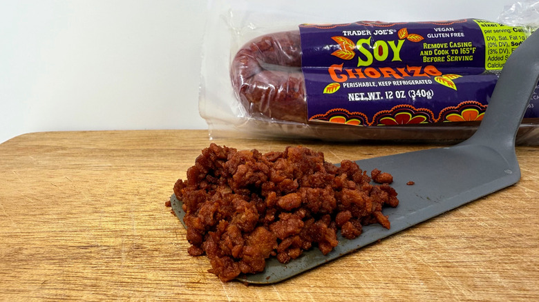 Cooked Soy Chorizo in front of chorizo package