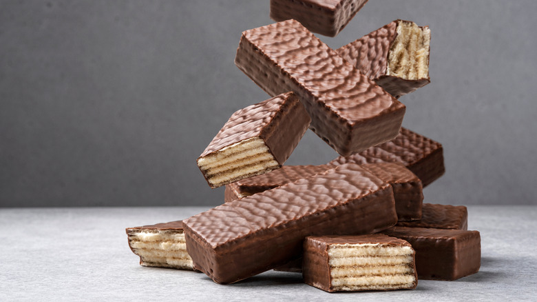 Chocolate wafer cookies on gray counter