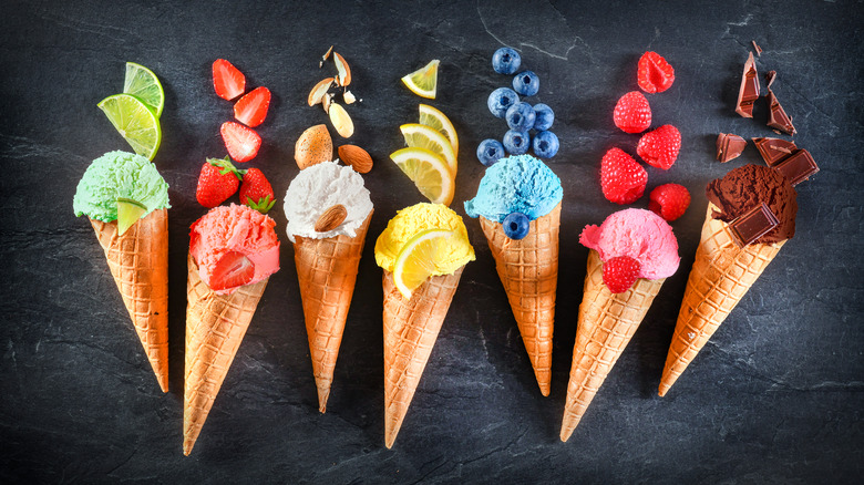 fruit flavored ice cream in cones