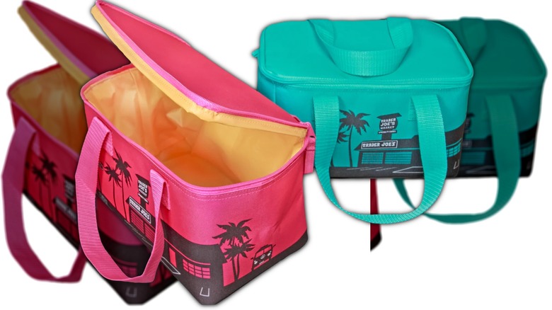 Two colorful insulated tote bags with the Trader Joe's logo.
