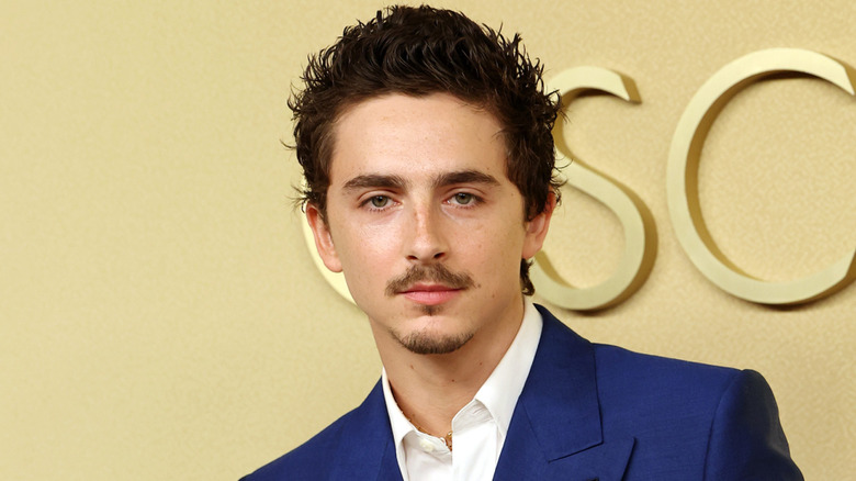 Actor Timothée Chalamet on golden background at the Oscars