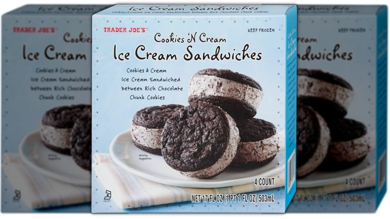 Box of cookie ice cream sandwiches in cookies and cream flavor.