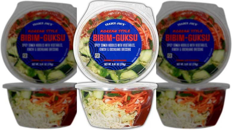 Plastic container of a ready-made Korean cold noodle dish.