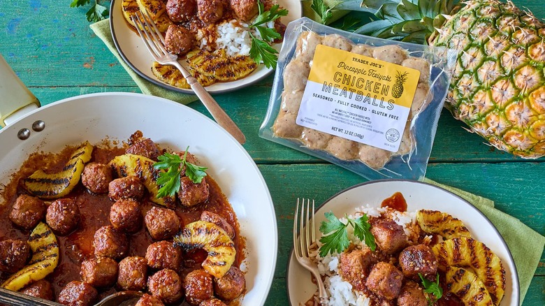 Three plates of food with a package of chicken meatballs in pineapple teriyaki flavor in the middle.