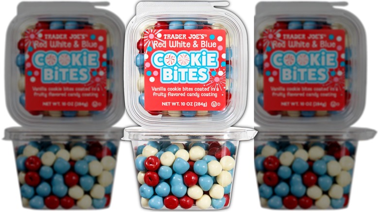 Plastic container of festive candy-coated cookie bites.