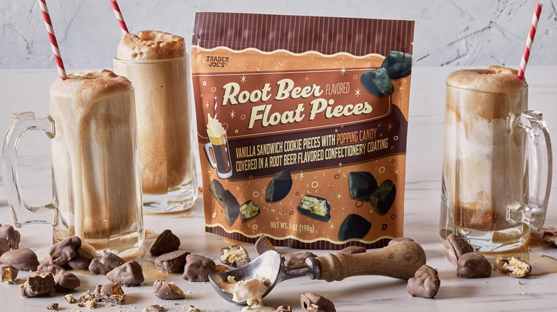 Bag of root beer float flavored candy surrounded by three glasses with root beer floats.