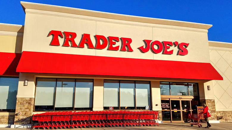 Exterior shot of Trader Joe's building with shopping carts