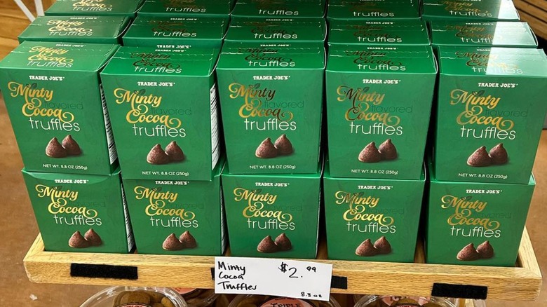 Boxes of Minty Cocoa Truffles on display at Trader Joe's