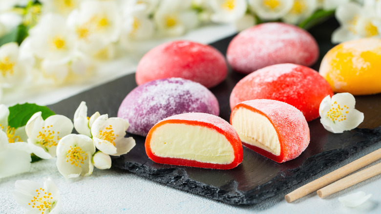 multicolored mochi and flowers