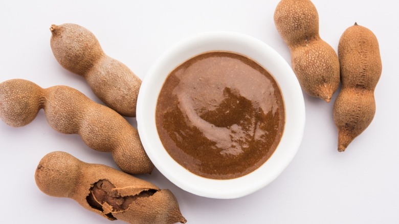 Tamarind sauce in a white bowl