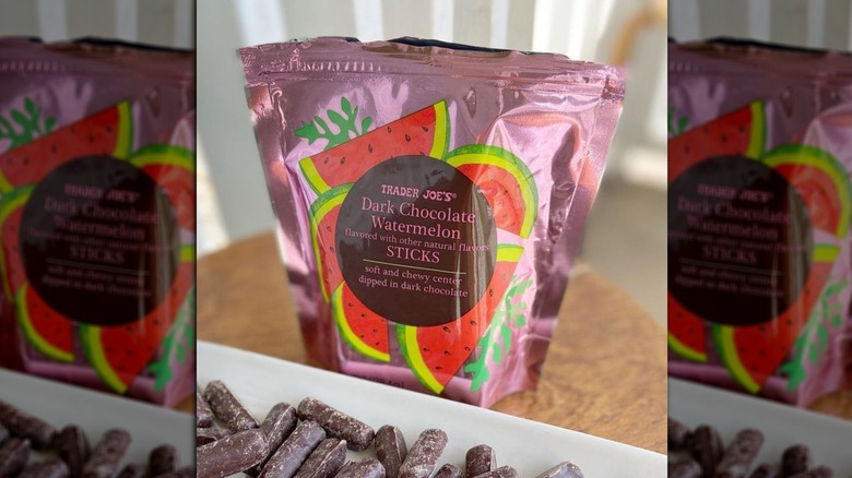 Bag of Trader Joe's Dark Chocolate Watermelon Sticks with Sticks on plate