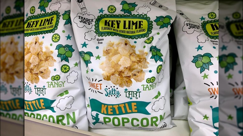 Bags of Trader Joe's popcorn on shelves