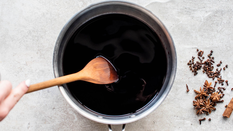 wine and sugar in pot 