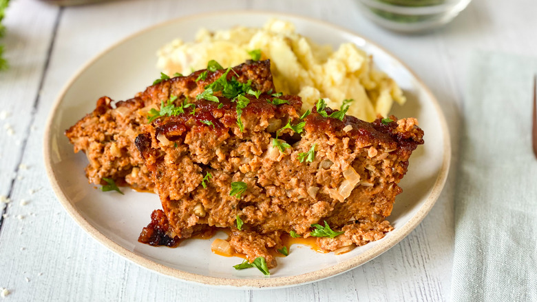 plated meatloaf with mashed potato