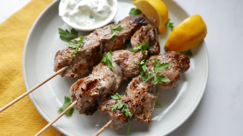 Souvlaki with tzatziki and lemon