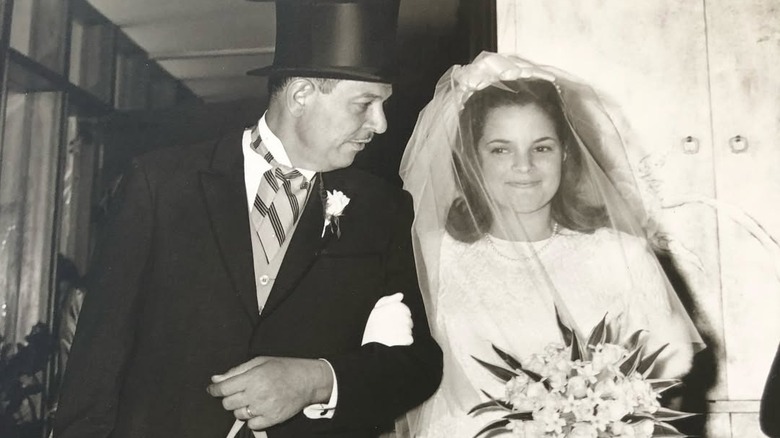 Ina Garten as a young bride with her father in a black and white photo