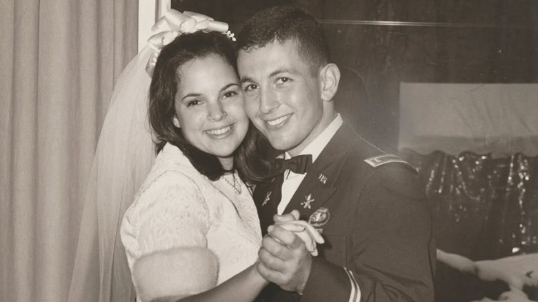 black and white wedding photo of a young Ina and Jeffrey Garten