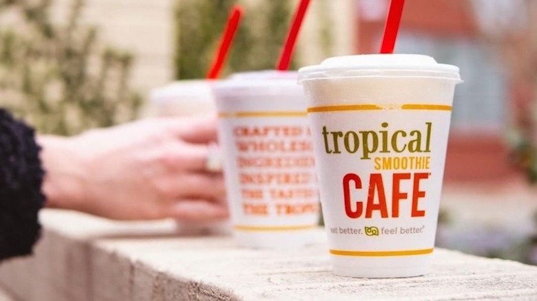 Tropical Smoothie Cafe smoothies on ledge