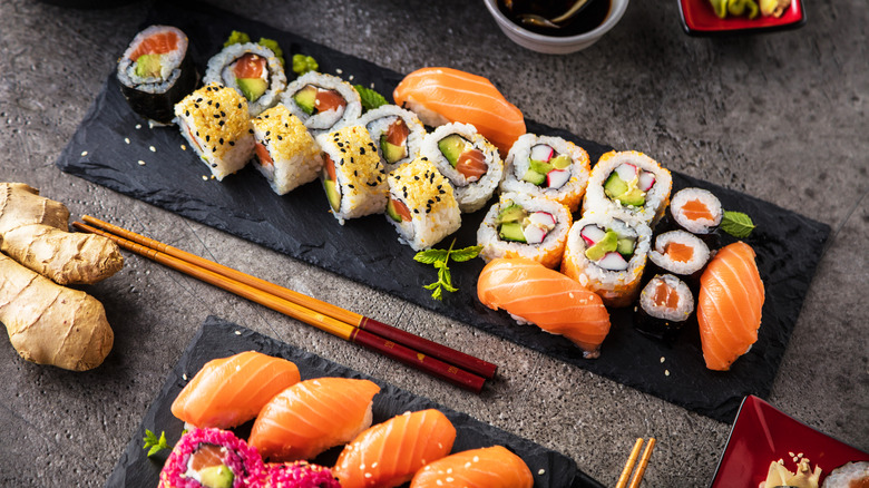 Assortment of sushi with chopsticks