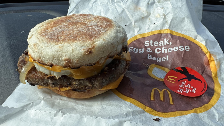 Steak, egg, and cheese on an English muffin