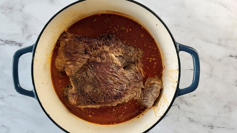 Brisket and liquid in Dutch oven