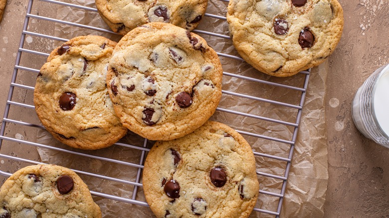 Chocolate chip cookies on baking rack