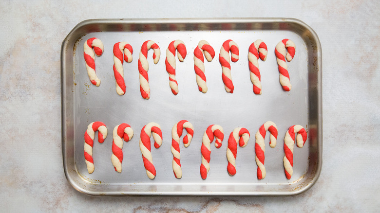 candy cane cookies on pan