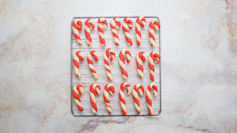 Candy cane cookies on wire rack