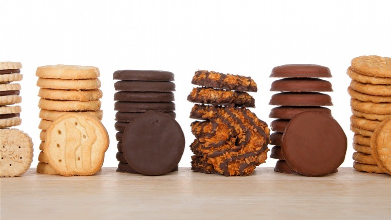 Stacks of Girl Scout Cookies flavors