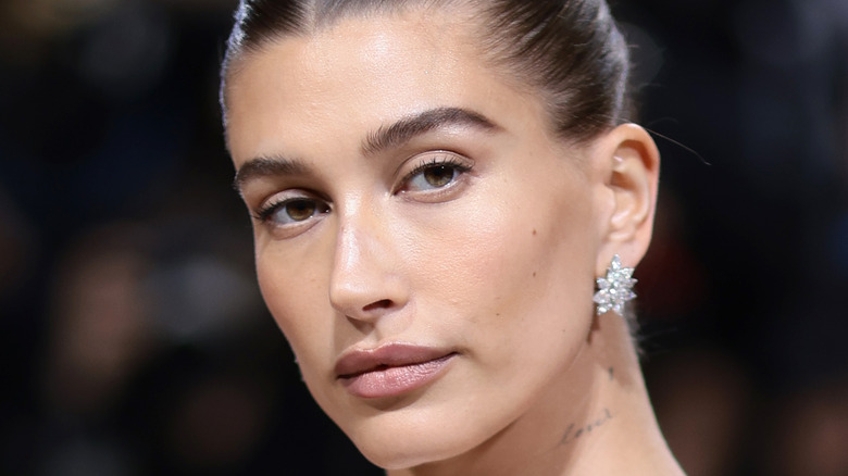 close up of hailey bieber's face