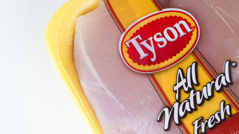 Close up of Tyson label on a package of chicken
