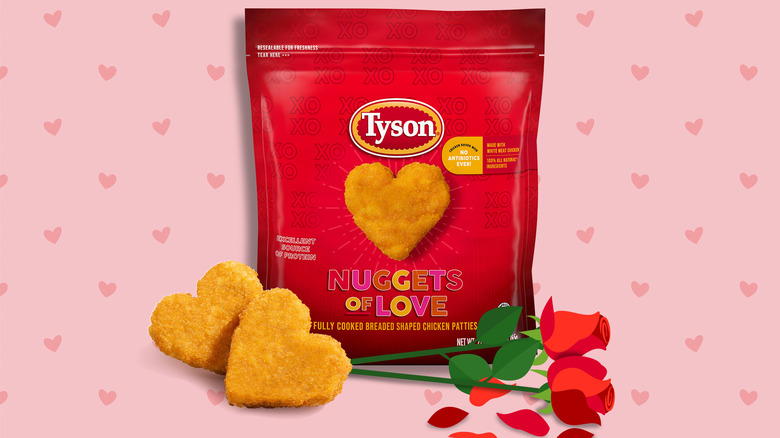Tyson Foods heart-shaped Nuggets of Love against a heart patterned background with roses in the foreground