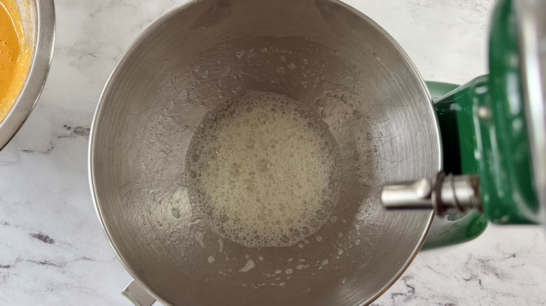 Foamy egg whites in stand mixer bowl